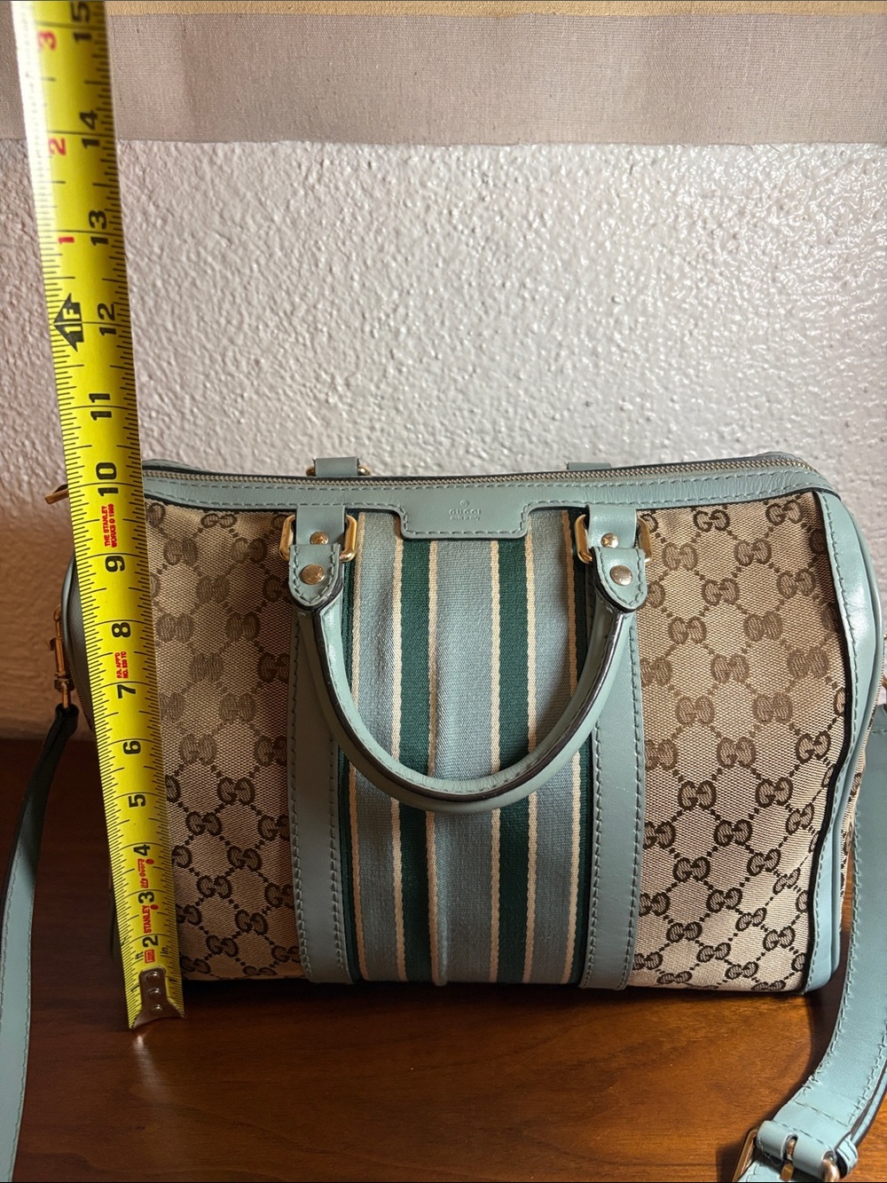 Gucci GG Canvas Boston Bag with Blue Green Stripes - Authentic Vintage COA - Picture 14 of 16